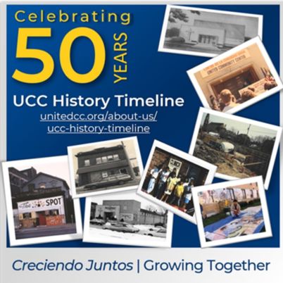 Photo collage of older UCC buildings and events